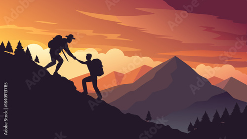 silhouette of hikers one man is giving helping hand