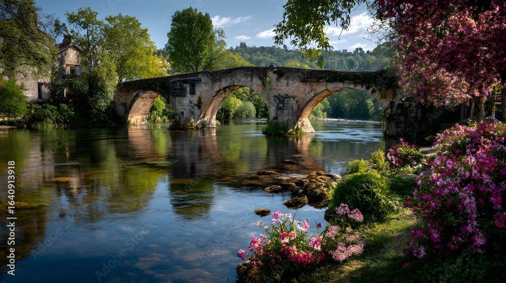 Naklejka premium Historic stone bridge over calm river flowers and greenery along the bank captured during spring bloom suitable for travel promotions European countryside visuals and tranquil lifestyle scenes