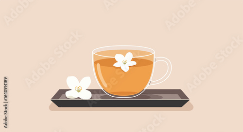 A cup of herbal tea with flower, on a saucer, with a neutral background and soft shadows