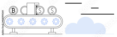 Conveyor belt with gears and coins featuring cryptocurrency and dollar symbols, depicting financial automation. Ideal for fintech, banking, cryptocurrency, automation, savings, technology, simple
