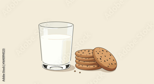 A glass of milk and a stack of chocolate chip cookies cartoon