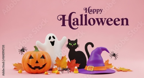 Happy Halloween with Pumpkin, Ghost, Cat