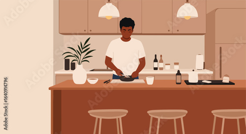 Cooking man in minimalist kitchen with bar stools and decorative objects on counter