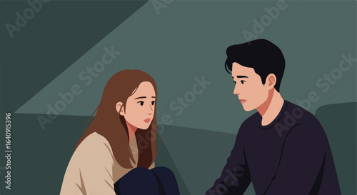 Couple looking at each other in the flat vector art style on a muted dark background