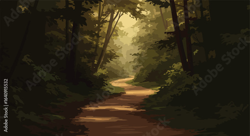 A winding path leads through a dense, shadowy forest with sunlight streaming through trees