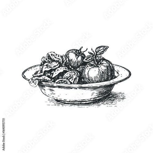 Hand drawn sketch of fresh tomatoes and lettuce in a bowl