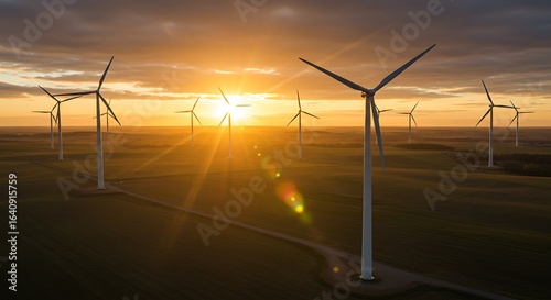 Wind Turbines Sunny Sunset Landscape with Clear Sky and Green Fields