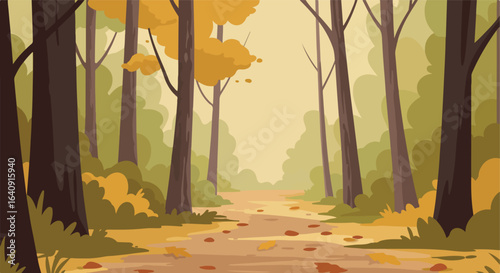 Autumn path through cartoon forest with falling leaves and bright light at the end