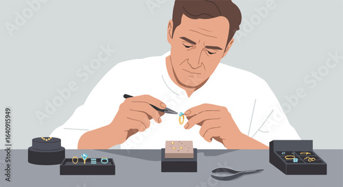 Craftsman sets stone in ring. Fine detail work, precious stones, & tools