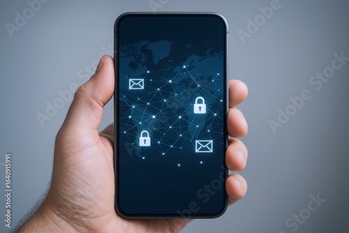 Wallpaper Mural Mobile Security: Hand Holding Smartphone Displaying Encrypted Communication Icons for Data Protection and Network Safety Torontodigital.ca