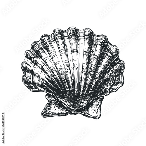 Detailed ink sketch of a single scallop shell on a white background