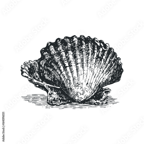 Detailed ink drawing of a single scallop shell resting on a surface