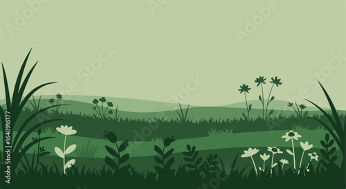 Green nature scene with flowers, grass, and rolling hills in dark and light tones