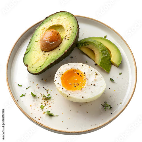 Healthy Breakfast: Halved Avocado, Sliced Avocado, and Soft Boiled Egg