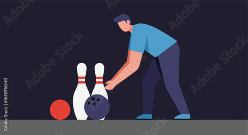 Man readies bowling ball and pins stand ready on lane against a dark background