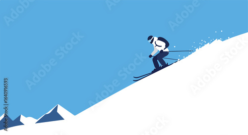 Downhill skier on a snowy mountain slope with mountains in blue background