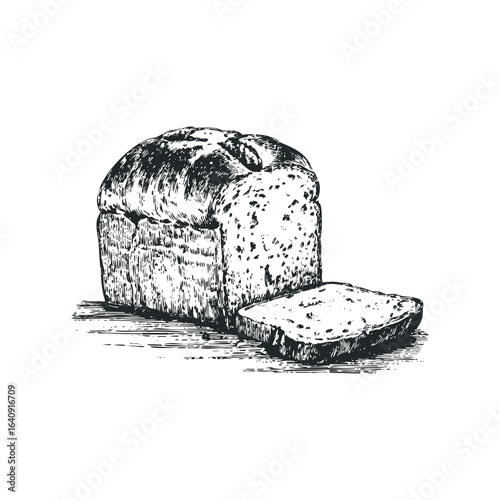Rustic loaf of bread with a slice cut, sketched in black and white