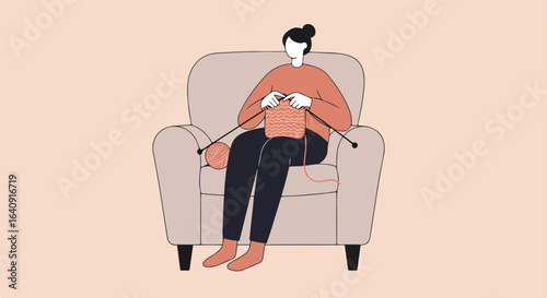 Woman crafting, seated in armchair with yarn and knitting needles. Warm, cozy style