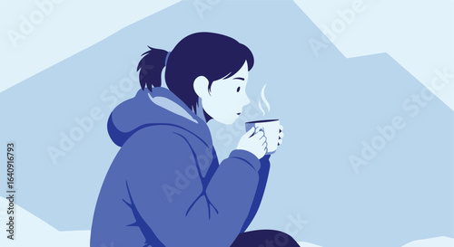 Woman in a hooded jacket sipping hot beverage with smoke in a cool background