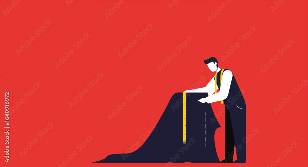 Fototapeta premium Flat style illustration of a tailor measuring dark blue fabric on red background