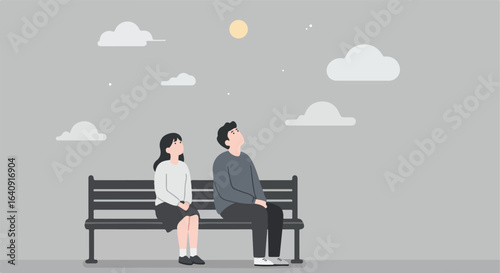 Couple on bench under sky with sun, clouds, and stars. Flat design aesthetic