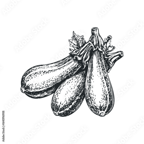 Hand Drawn Sketch of Three Zucchini with Leaves