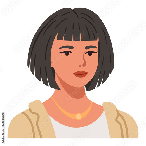 Stylish female portrait with short straight bob and fringe haircut. Woman avatar vector illustration.