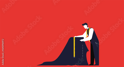 Flat style illustration of a tailor measuring dark blue fabric on red background