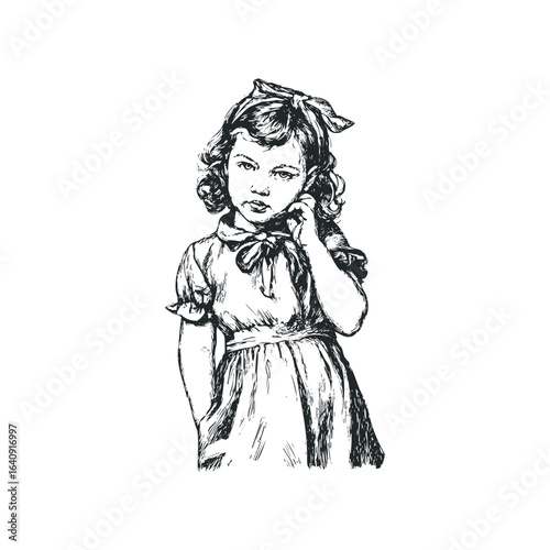 Young girl in vintage dress touching her cheek with a thoughtful expression
