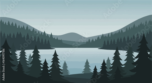 Serene, misty lake surrounded by forest and silhouetted mountains, nature's beauty