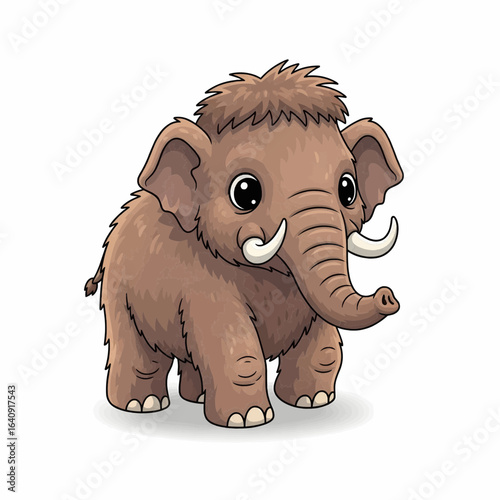 Illustration of a woolly mammoth walking with long curved tusks and shaggy brown fur, representing Ice Age megafauna.