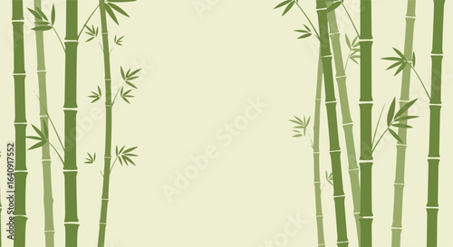 Green bamboo stalks frame a blank canvas, light, minimalist background