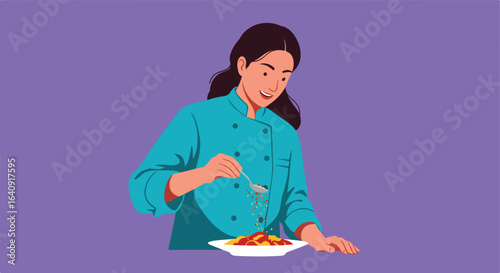 Chef adding seasoning with a spoon to spaghetti on a white dish