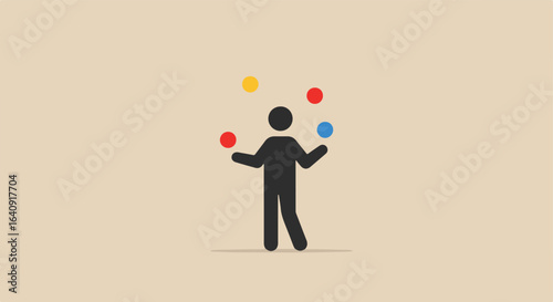 Person balancing colorful balls in the air, minimal design on tan backdrop