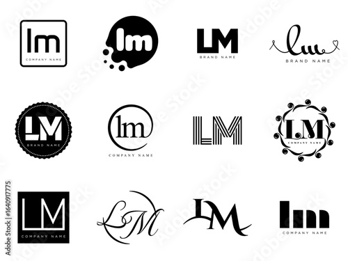 LM logo company template. Letter l and m logotype. Set different classic serif lettering and modern bold text with design elements. Initial font typography.