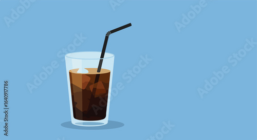 Refreshing iced beverage Glass cup with black liquid and ice, topped with black straw