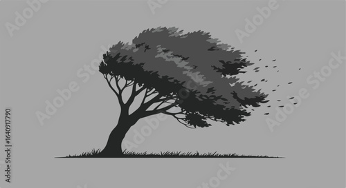 Windswept tree with leaves blowing. Dark vector art on a gray background