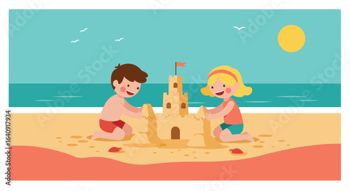 Children joyfully build a sandcastle at the beach with blue ocean view in summer