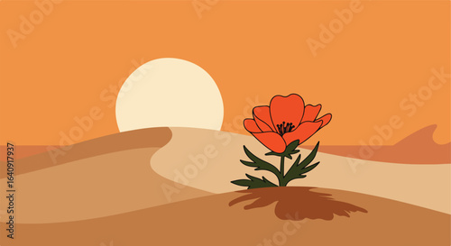 Sunset over sandy dunes, with a bright red flower blooming in the barren landscape