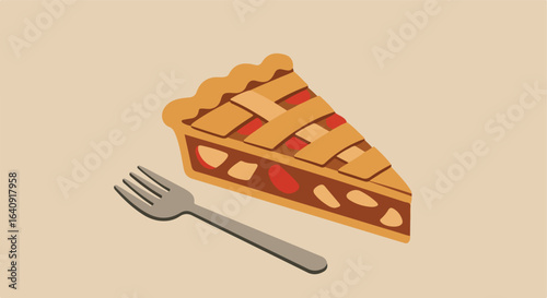 Slice of tasty pie with lattice crust and fork, beige backdrop