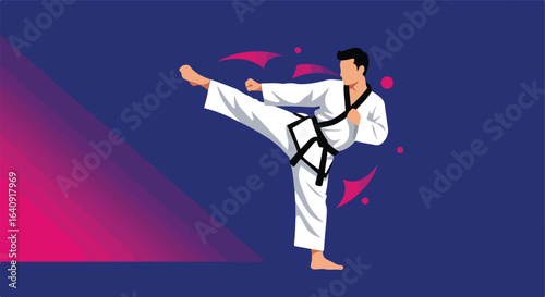 Male athlete in martial arts uniform executes kick, action scene on a blue background