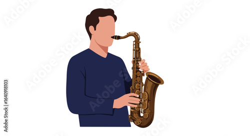 An individual plays a shiny brass-toned saxophone wearing a long sleeved blue top