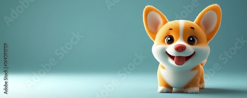 Simple and cute cartoon-style orange corgi puppy, with dot eyes and a red tongue, playfully standing in a minimalistic 3D rendering style, Generative AI
