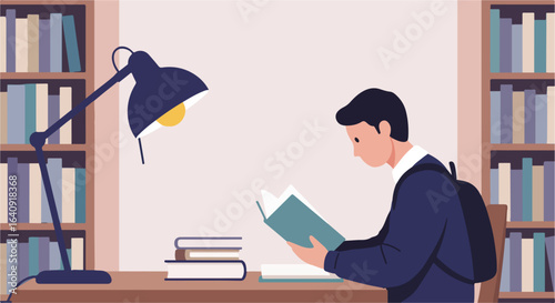 Student reads a book in the library, study lamp shining light on reading material