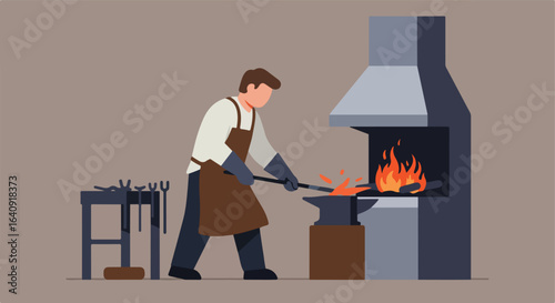 Blacksmith forging metal near fire with anvil & tools