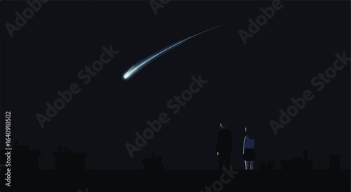 Dark night scene with a couple, looking at a shooting star over rooftops