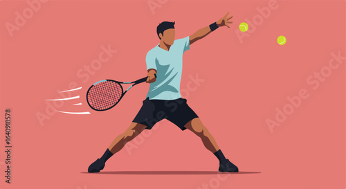 Athletic stance of a tennis player, with tennis racket, arm extended, and two balls