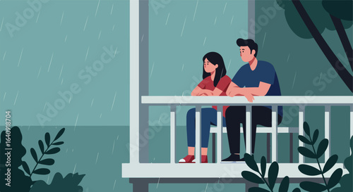 Rainy Day View A couple watching rain from a balcony with plants around them