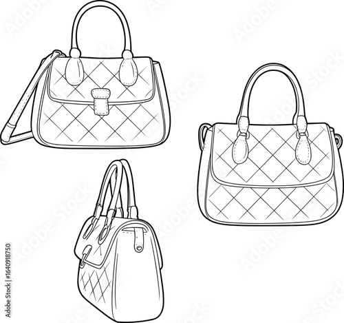 Handbag front, side view, quilted pattern, diamond stitching, flap closure, buckle detail, shoulder strap, cad drawing flat vector illustration