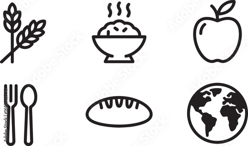 Essential Food and Global Icon Set Black and White Line Art for Nutrition and Sustainability